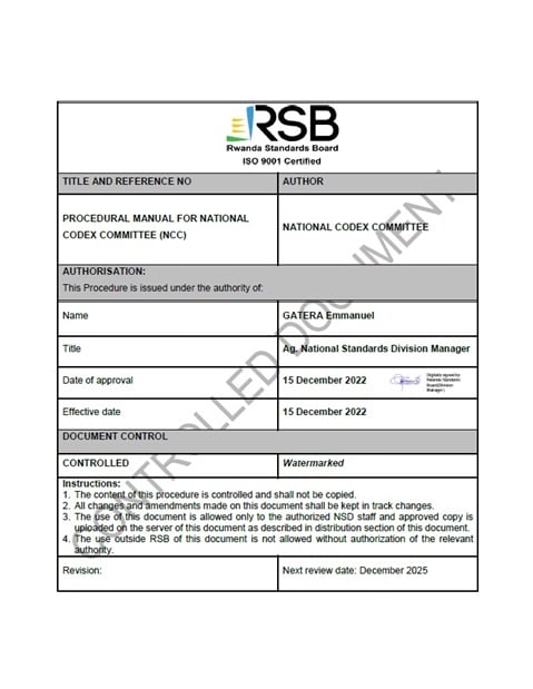 Rwanda procedural manual for National Codex Committee